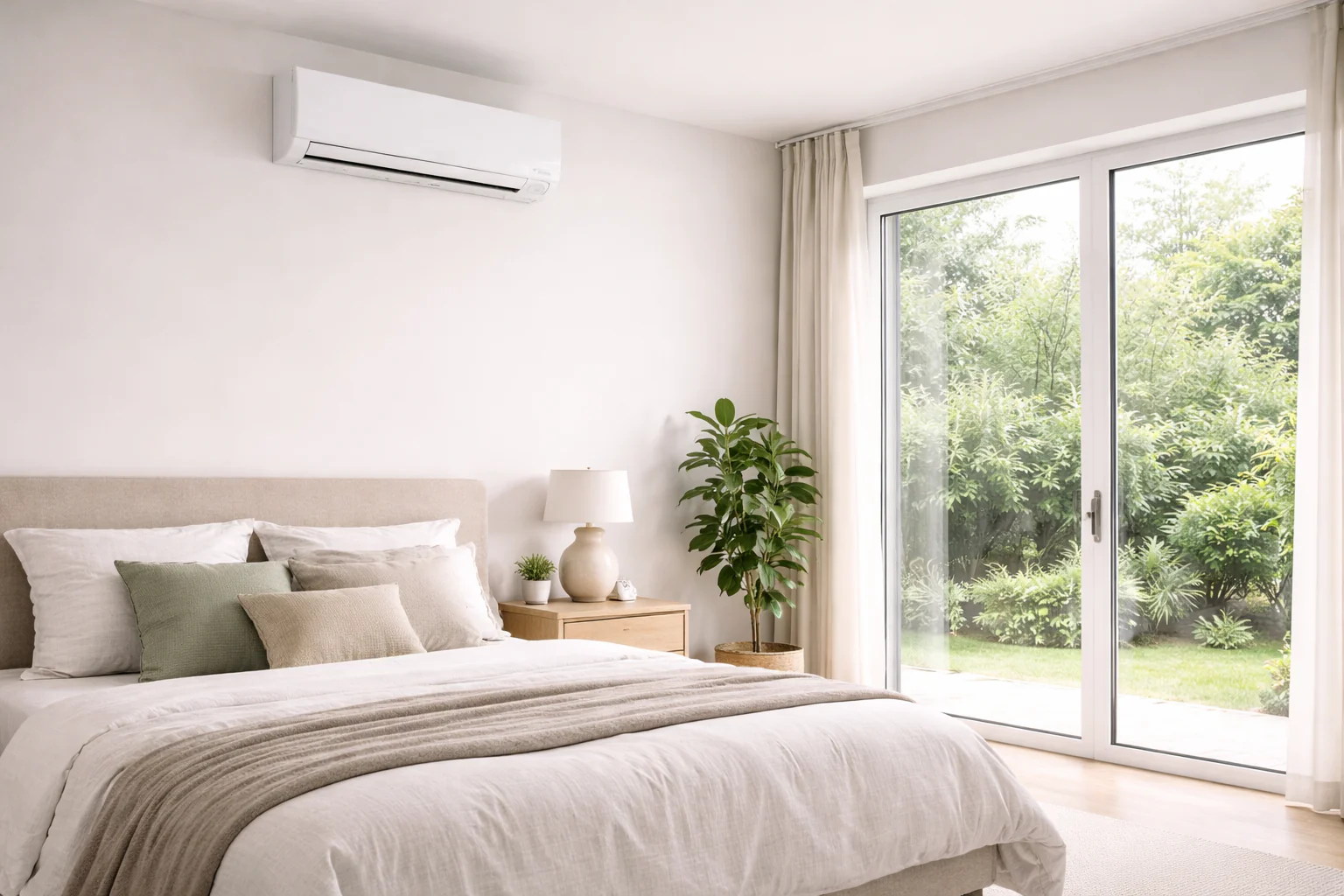 Modern air conditioning unit installed in a bright bedroom